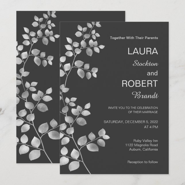 Modern Silver Floral Wedding Invitation (Front/Back)