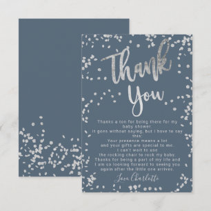 Modern silver foil confetti blue thank baby shower you card