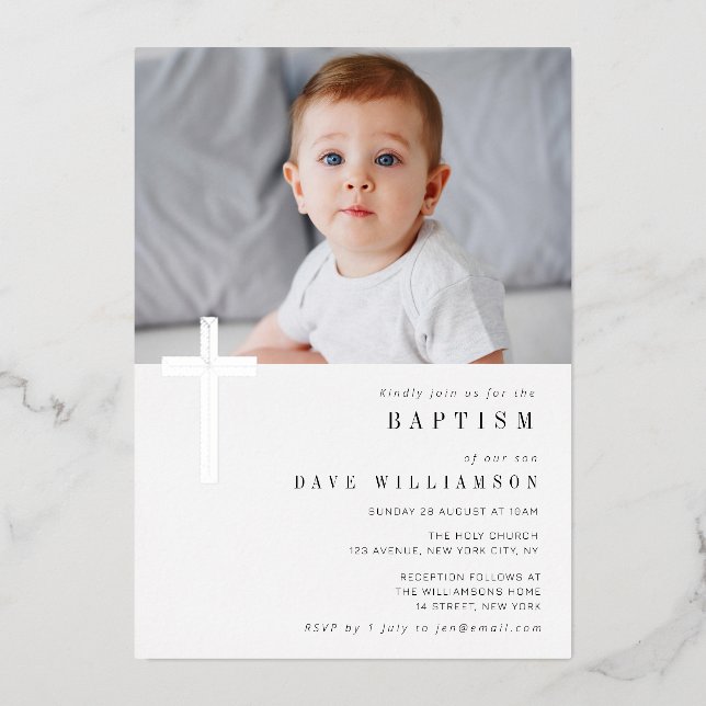 Modern silver foil photo baptism invitation (Front)