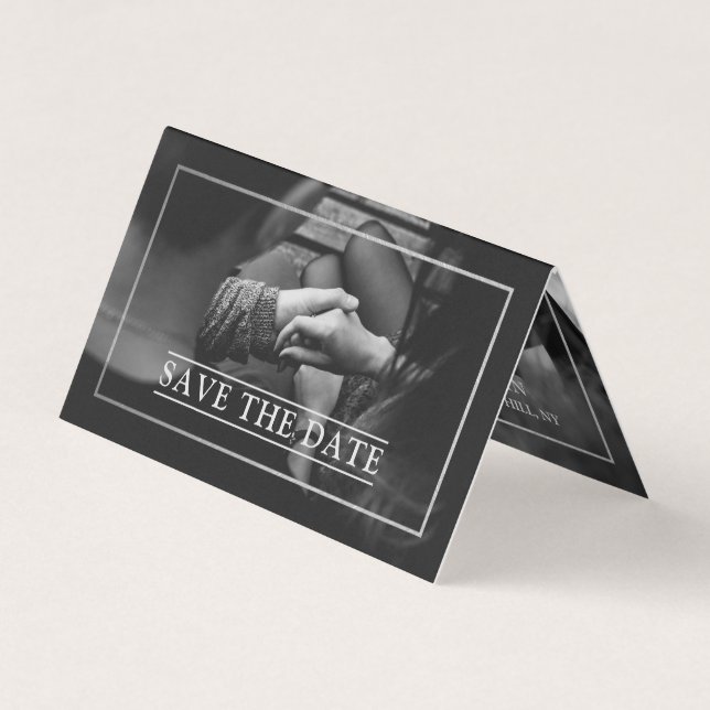 Modern Silver Foil Photo Save The Date Card (Front)