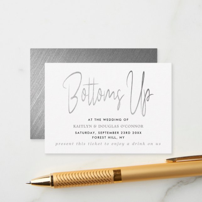 Modern Silver Foil Script Free Drink Ticket Enclosure Card (Front/Back In Situ)