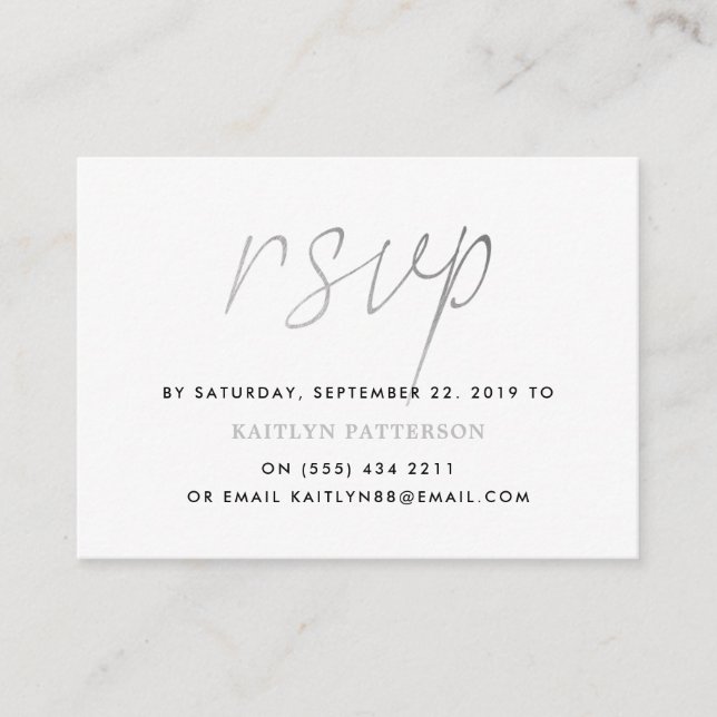 Modern Silver Foil Script RSVP Enclosure Card (Front)