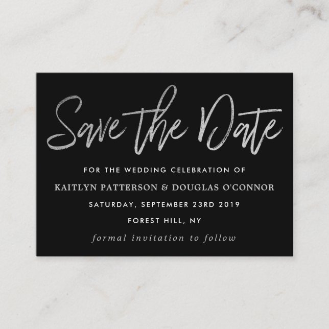 Modern Silver Foil Script Save The Date Enclosure Card (Front)