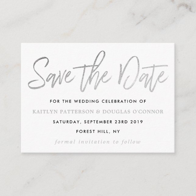 Modern Silver Foil Script Save The Date Enclosure Card (Front)