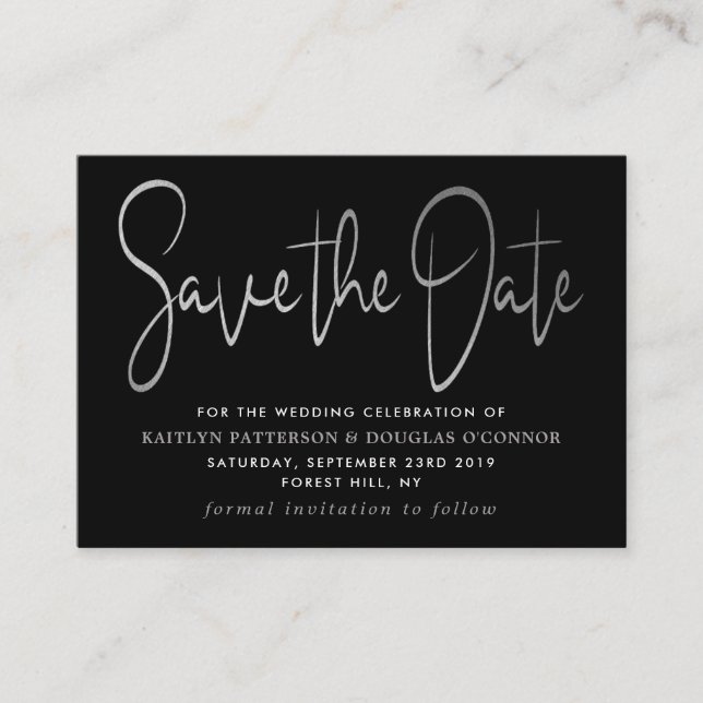 Modern Silver Foil Script Save The Date Enclosure Card (Front)