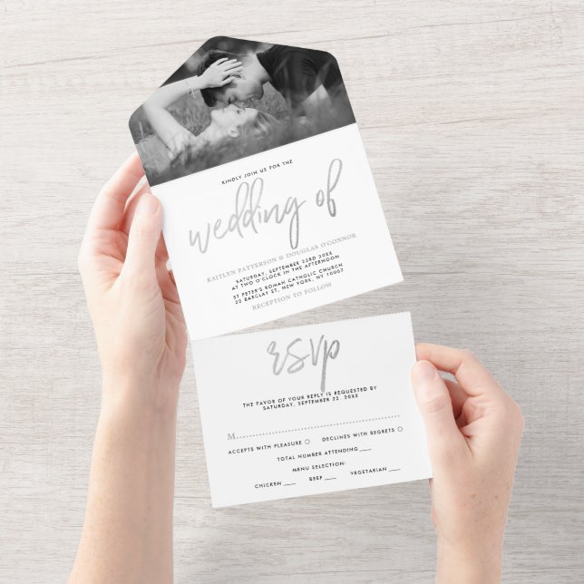 Modern Silver Foil Script Wedding All In One Invitation (Tearaway)