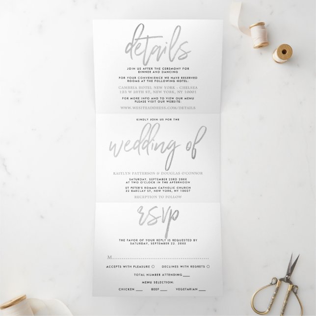 Modern Silver Foil Script Wedding Suite Tri-Fold Invitation (Inside)
