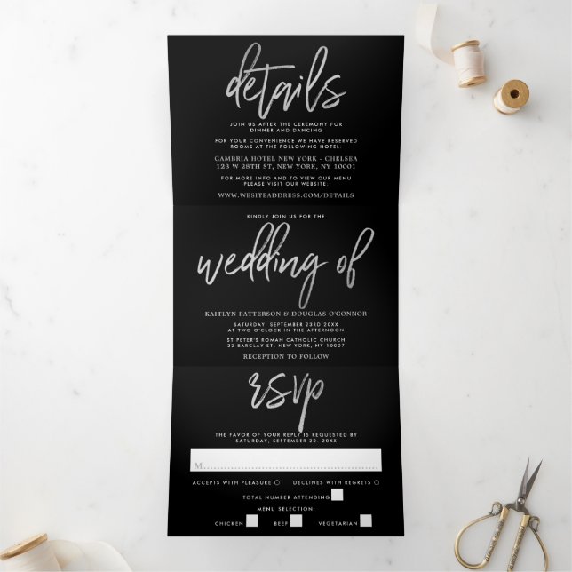 Modern Silver Foil Script Wedding Suite Tri-Fold Invitation (Inside)