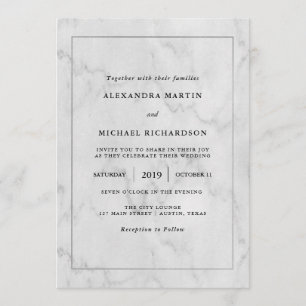 Modern Silver Frame and Marble Look Wedding Invitation