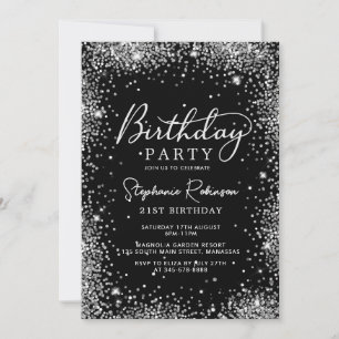 Modern Silver Glitter 21st Birthday Black Invitation