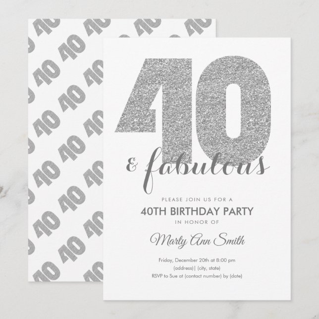 Modern Silver Glitter 40 & Fabulous Birthday Party Invitation (Front/Back)