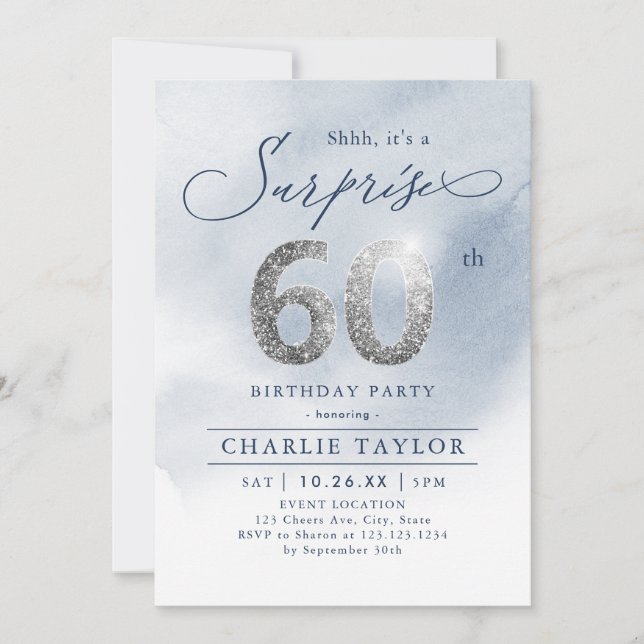 Modern silver glitter adult surprise 60th birthday invitation (Front)