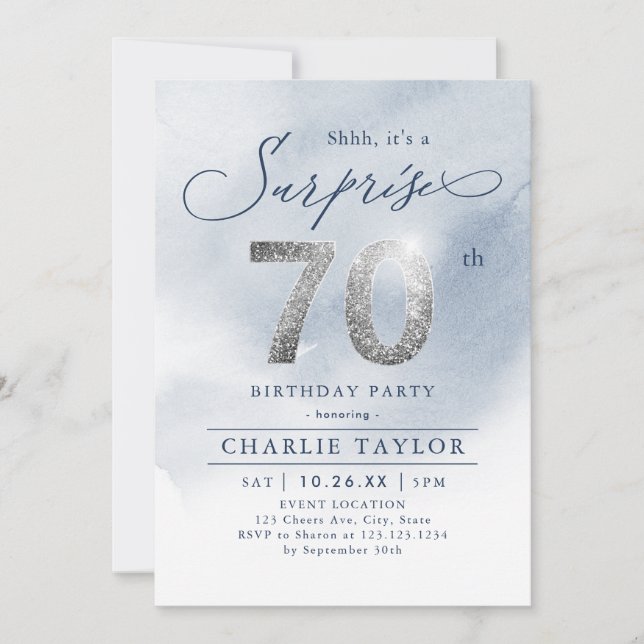 Modern silver glitter adult surprise 70th birthday invitation (Front)