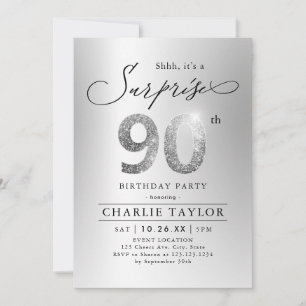 Modern silver glitter adult surprise 90th birthday invitation