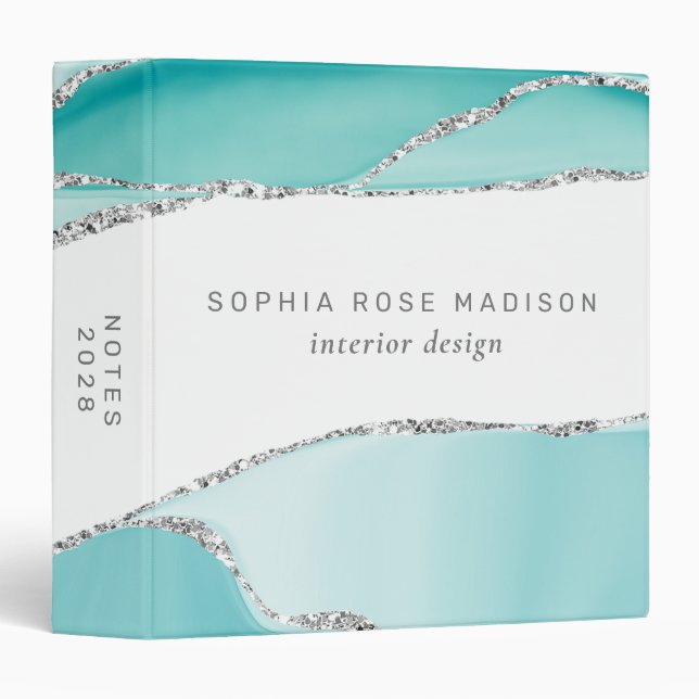 Modern Silver Glitter Agate Teal Watercolor Binder (Front/Spine)