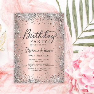 Modern Silver Glitter and Rose Gold 90th Birthday  Invitation