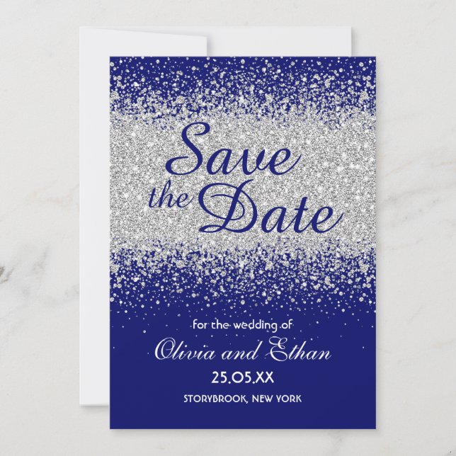 Modern Silver Glitter and Royal Blue Save The Date (Front)