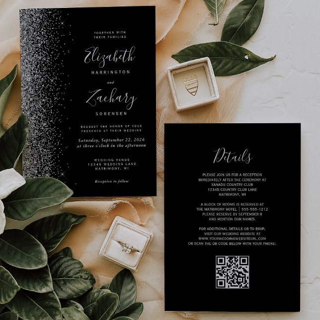 Modern Silver Glitter Black QR Code Wedding Invitation (Creator Uploaded)