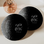 Modern Silver Glitter Black Wedding Paper Plate<br><div class="desc">These elegant modern wedding plates feature a silver faux glitter edge. Easily customize the silver grey text on a black background,  with the names of the couple in whimsical handwriting calligraphy over a large ampersand.</div>