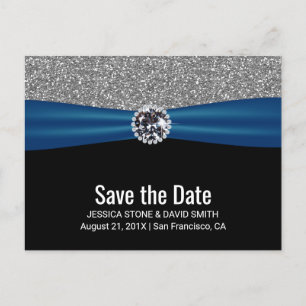 Modern Silver Glitter Blue Ribbon Save the Date Announcement Postcard