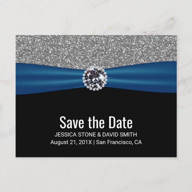 Modern Silver Glitter Blue Ribbon Save the Date Announcement Postcard (Front)