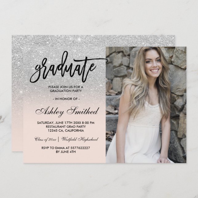 Modern silver glitter blush graduate typography invitation (Front/Back)