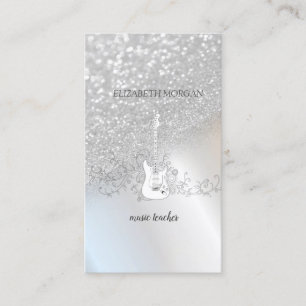 Modern Silver Glitter Bokeh, Guitar Business Card
