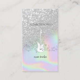 Modern Silver Glitter Bokeh, Guitar,Holographic Business Card