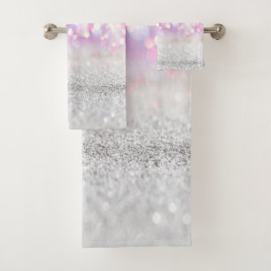 Modern Silver Glitter Bokeh Rainbow Bath Towel Set
