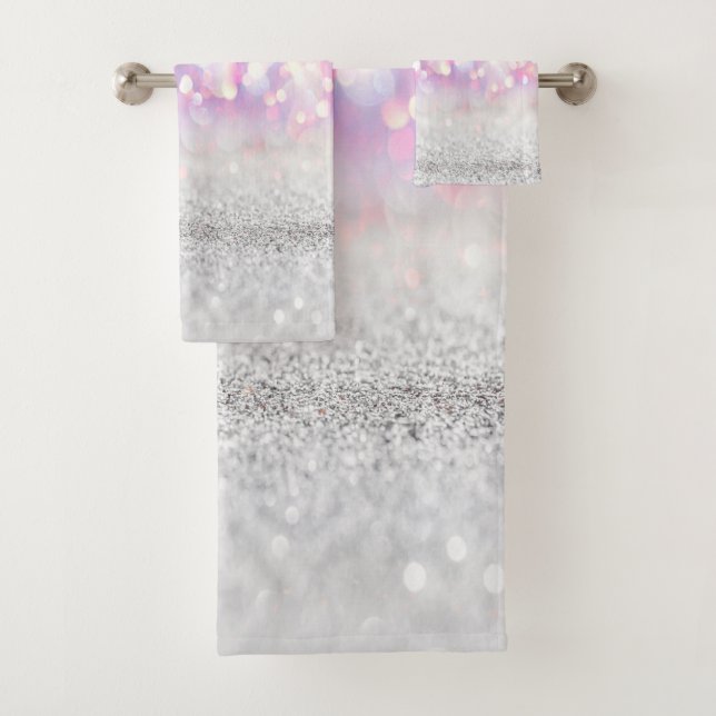 Modern Silver Glitter Bokeh Rainbow Bath Towel Set (Insitu)