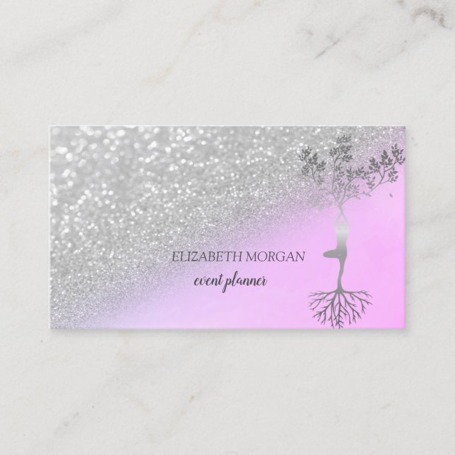 Modern Silver Glitter Bokeh Tree Women Silhouette Business Card (Front)