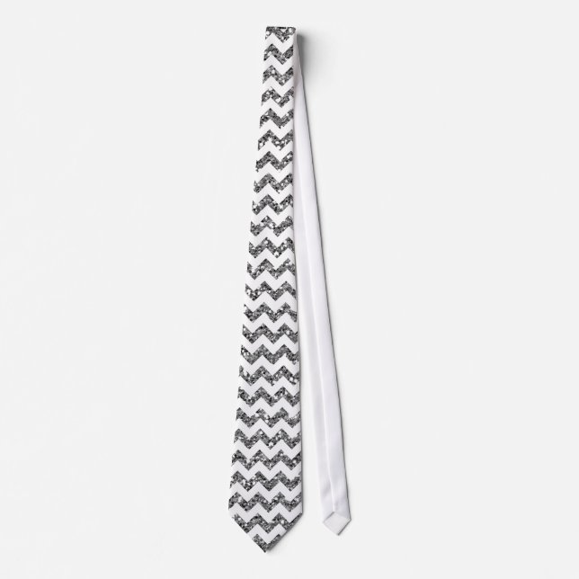 Modern Silver Glitter Chevron Zig Fabric Mens Tie (Front)