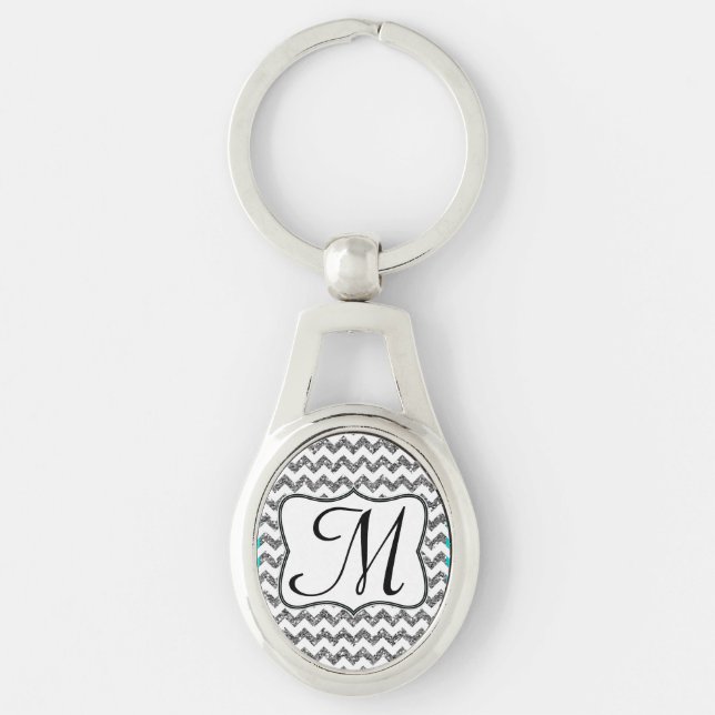Modern Silver Glitter Chevron Zig Zag Key Chain (Front)