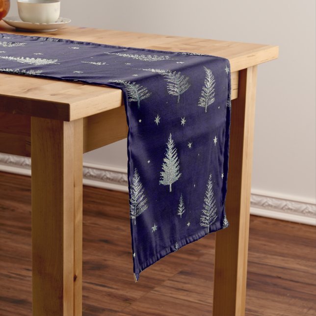 Modern Silver Glitter Christmas trees on blue Short Table Runner (In Situ)
