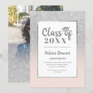 Modern silver glitter class of photo graduation invitation