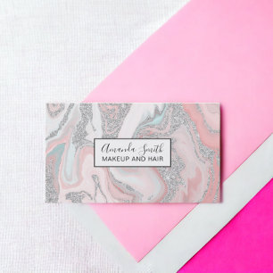 Modern silver glitter coral grey pastel marble business card
