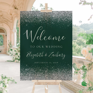 Modern Silver Glitter Dark Green Wedding Welcome Acrylic Sign