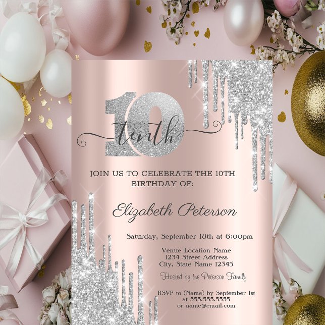 Modern Silver Glitter Drips 10th Birthday  Invitat Invitation (Creator Uploaded)