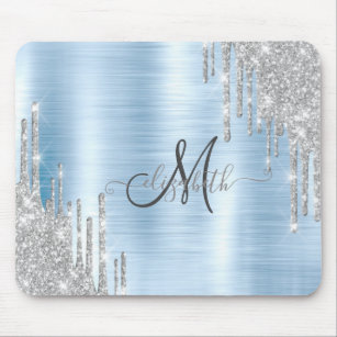 Modern Silver Glitter Drips Blue Metallic Monogram Mouse Pad