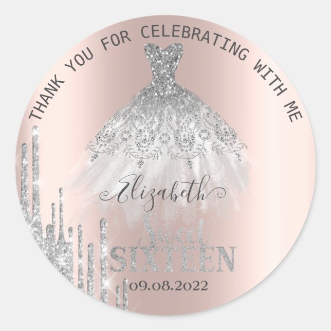 Modern Silver Glitter Drips dress Sweet 16   Classic Round Sticker (Front)