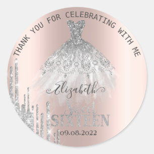 Modern Silver Glitter Drips dress Sweet 16   Classic Round Sticker