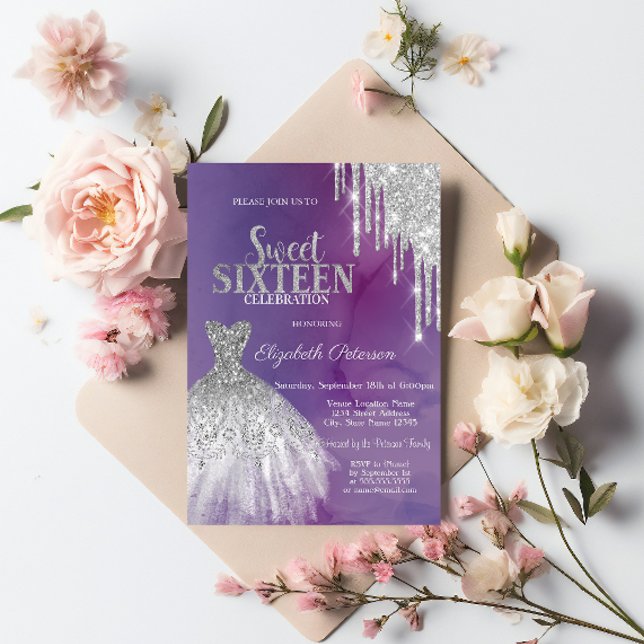 Modern Silver Glitter Drips,Dress Violet Sweet 16 Invitation (Creator Uploaded)