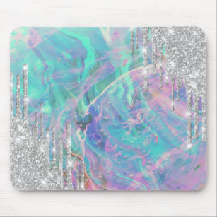 Modern Silver Glitter Drips Opal Mouse Pad