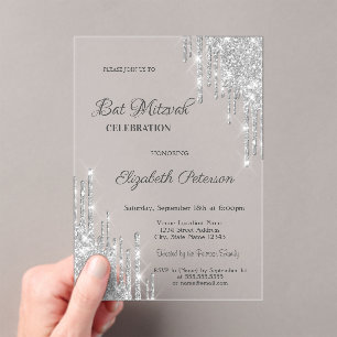 Modern Silver Glitter Drips Rose Gold Bar Mitzvah Acrylic Invitations