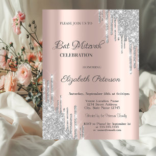Modern Silver Glitter Drips Rose Gold Bar Mitzvah Invitation