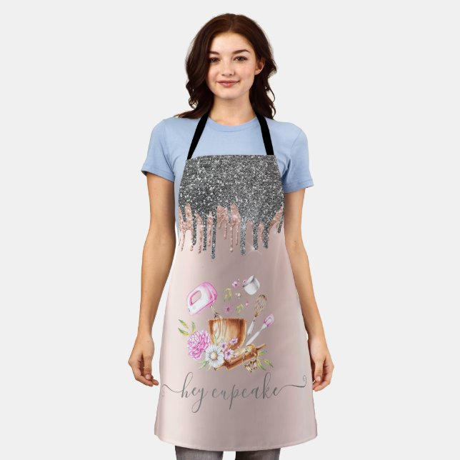 Modern Silver Glitter Drips Rose Gold Cupcake Apron (Worn)