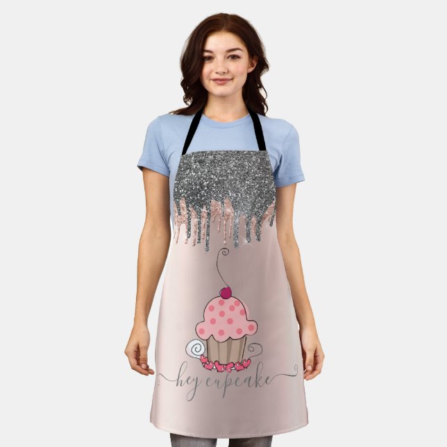 Modern Silver Glitter Drips Rose Gold Cupcake Apron (Worn)