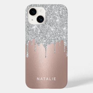 Modern Silver Glitter Drips Rose Gold Custom Name Case-Mate iPhone 14 Case