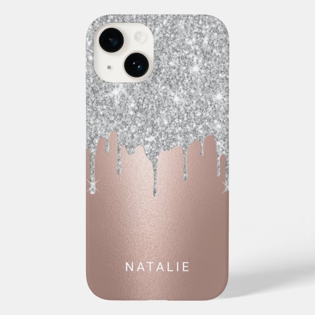Modern Silver Glitter Drips Rose Gold Custom Name Case-Mate iPhone Case (Back)