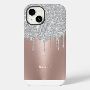 Modern Silver Glitter Drips Rose Gold Custom Name iPhone 14 Case